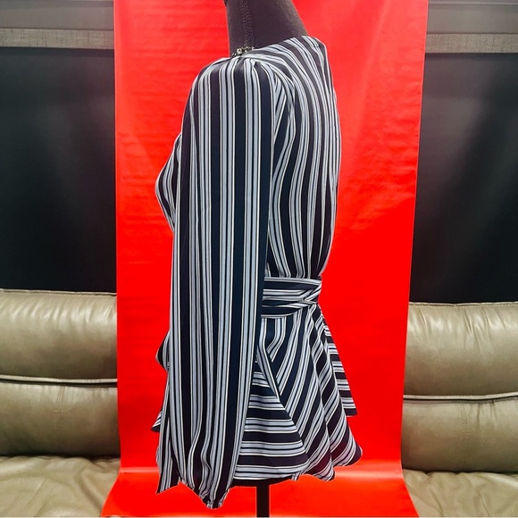 Ann Taylor LOFT Navy Blue Stripe Long Sleeve Wrap Blouse XXS - Picture 2 of 6